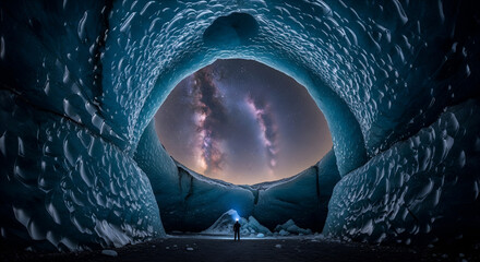 Ice Cave at Night with Milky Way Landscape