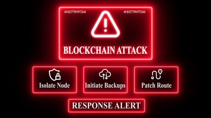Blockchain Attack response notification on digital interface in data center server room with isolate node initiate backup patch route options. glowing neon lights cybersecurity hacking warning - Powered by Adobe