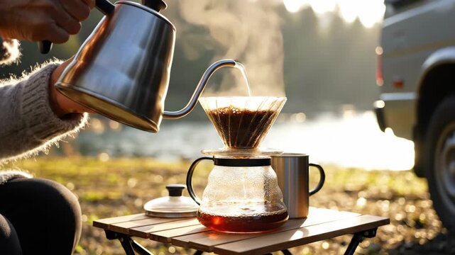A person makes pour-over coffee outdoors during a camping trip. Pouring hot water from a kettle into a dripper at sunrise. Morning routine and adventure lifestyle concept