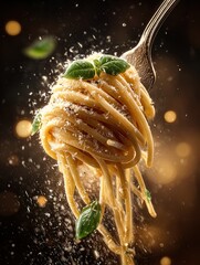 delicious ultra realistic macro photo of spaghetti twirled on a fork with parmesan and basil - perfect as a culinary poster for your italian-inspired kitchen or sports bar interior!