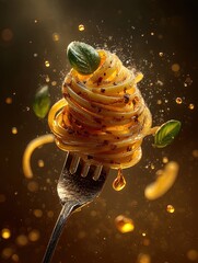 delicious ultra realistic macro photo of spaghetti twirled on a fork with parmesan and basil - perfect as a culinary poster for your italian-inspired kitchen or sports bar interior!