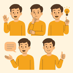 Fototapeta premium A collection of young men's characters with various gestures wearing yellow clothes. The man greets, thinks, finds solutions, speaks, and agrees. People for your projects. Vector illustration of gestu