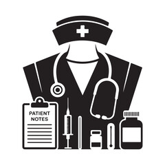 Doctor and Nurse Character with Medical Equipment Silhouette Vector Icon for Hospital and Clinic.