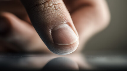 A finger gently touching a reflective surface, emphasizing technology and interaction