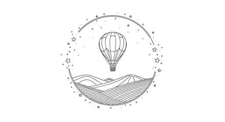 Fototapeta premium Whimsical hot air balloon floats above rolling hills under a starry, circular sky.