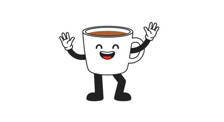 Happy cartoon coffee cup with arms and legs waving and smiling.
