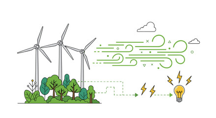 Illustration of wind turbines in a forest generating electricity, depicted as wind and light bulbs.