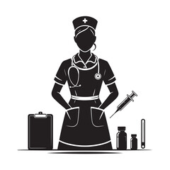 Nurse Character Holding a Heart Silhouette Vector Icon for Healthcare and Medical Design Projects.