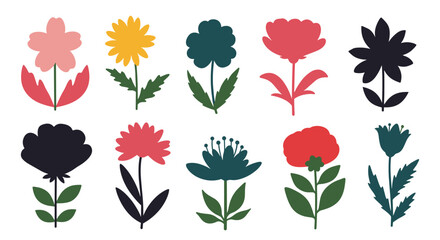 Collection of diverse colorful floral silhouettes on a white background.