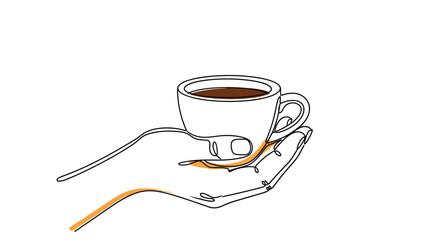 Hand holding a cup of coffee in a minimalist continuous line drawing style.