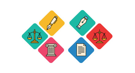 Law and justice icons arranged in a diamond pattern on a white background.