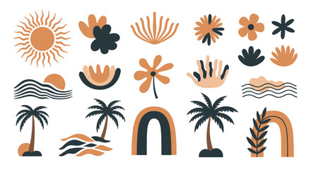 Collection of abstract tropical beach and nature elements with sun, palms, and rainbows.