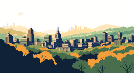 Flat design illustration of a city skyline nestled among rolling hills and trees.