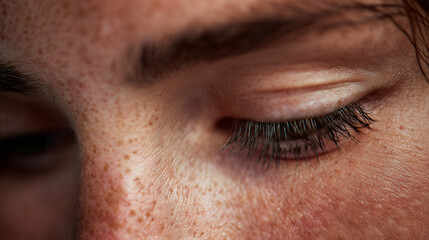 Fototapeta premium Close-up shot of an eye with closed eyelids and visible eyelashes. The skin around the eye has freckles and a soft texture. The image evokes a sense of peace, contemplation, and introspection.