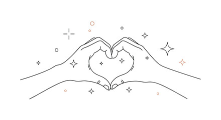Two hands forming a heart shape with sparkling stars and circles around them.