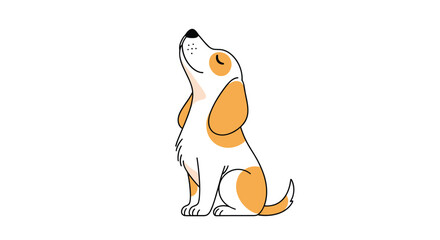 Cute cartoon dog sitting and looking up with closed eyes and a happy expression.