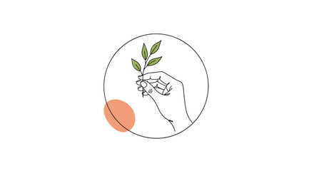 Minimalist line art of a hand holding a green sprig of leaves within a circle, with an orange oval shape below.