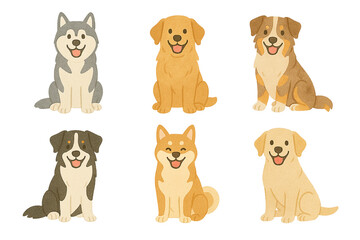 犬のイラストセット　シベリアンハスキー　柴犬　ラブラドールレトリバー　中型犬