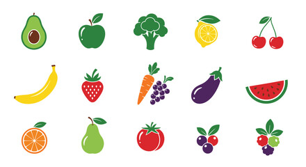 Collection of colorful, stylized fruits and vegetables on a white background.