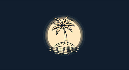 Minimalist illustration of a palm tree on a small island with waves and a circular background.