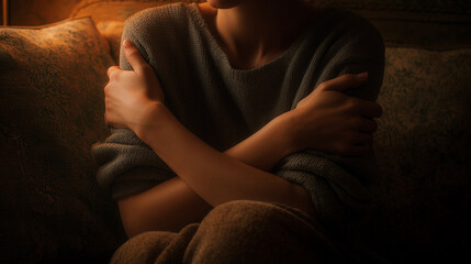 Fototapeta premium A person is hugging themselves, experiencing loneliness and introspection. The scene is bathed in warm, subdued light, creating a sense of introspection