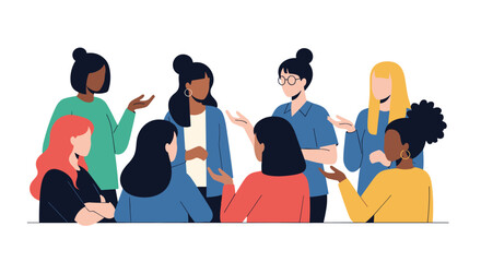 Diverse group of women in colorful clothing gathered in conversation.