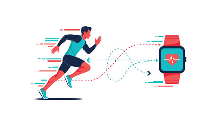 Fit man running with heart rate monitor smartwatch tracking his health and fitness data.
