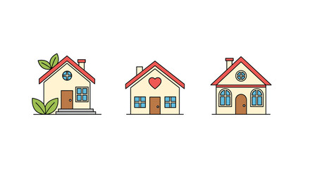 Three cartoon houses with different symbols and decorations are displayed in a row.