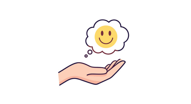 A hand holds a thought bubble with a smiley face inside, representing happiness and positive thinking.