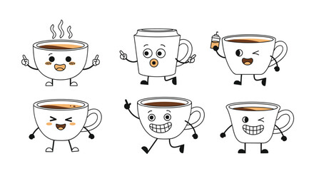 A group of six adorable coffee cups with cartoon faces and limbs, expressing various emotions.