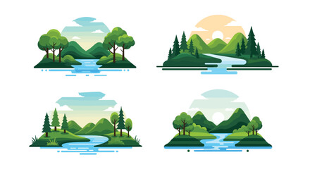 Four flat illustrations of idyllic natural landscapes with rivers and mountains.