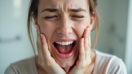 Young woman looking at her red bleeding gums disease, blood, inflammation, teeth, problem, toothbrush, gingivitis