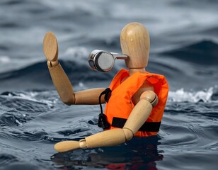 ライフジャケットを着た人形がホイッスルを吹き必死にアピール