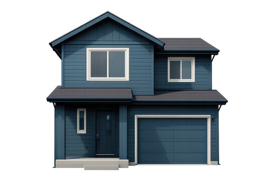 Blue two-story house with garage and white trim representing suburban living and real estate dreams on transparent background