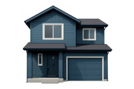 Blue two-story house with garage and white trim representing suburban living and real estate dreams on transparent background