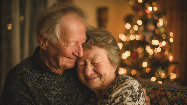 A heartwarming portrait of an elderly couple, embracing with eyes closed, radiating warmth and affection in a cozy indoor setting, with blurred Christmas lights in the background.