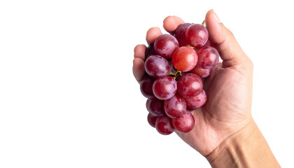 Close-up of a hand holding a cluster of juicy, ripe red grapes