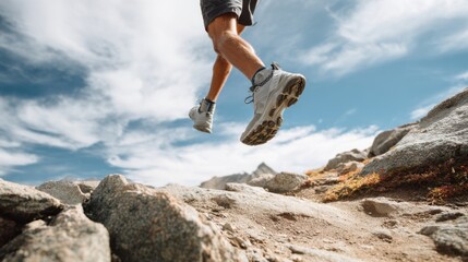 A person runs with determination over a rocky trail embracing the thrill of nature and exercise.