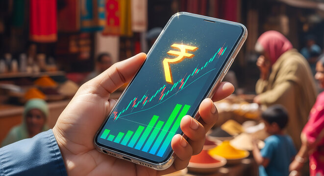 Growing Rupee Value: Stocks and Currency on Phone Display