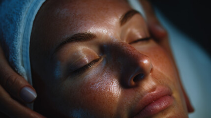 A woman receiving facial treatment, enjoying the benefits of skincare. Her face exudes relaxation and calmness as she enjoys a spa treatment