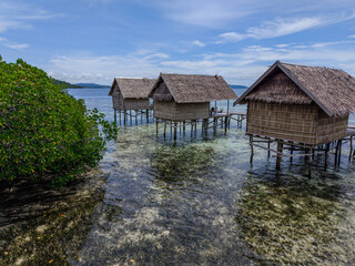 Traditional wooden stilt houses over shallow turquoise water in Raja Ampat, Indonesia, surrounded by coral and mangroves.  
