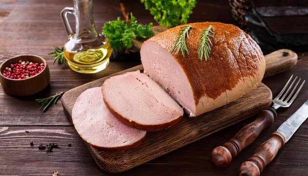 traditional oven baked bavarian meal leberkase sliced meat dish made of corned beef pork and bacon finely ground and bakes as a bread loaf on wooden board on dark wooden table with spices