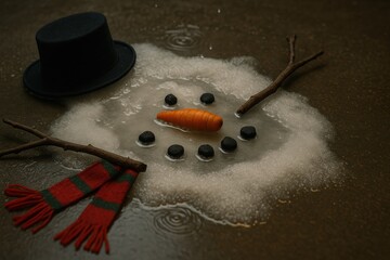 A melted snowman with a carrot nose and accessories surrounded by water droplets.