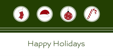 Happy Holidays - Schriftzug in englischer Sprache - Schöne Feiertage. Grußkarte mit Weihnachtsstrumpf, Weihnachtsmütze, Christbaumkugel und Zuckerstange.