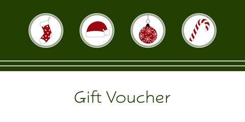 Gift Voucher - Schriftzug in englischer Sprache - Geschenkgutschein . Gutscheinkarte mit Weihnachtsstrumpf, Weihnachtsmütze, Christbaumkugel und Zuckerstange.