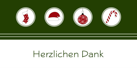 Herzlichen Dank - Schriftzug in deutscher Sprache. Grußkarte mit Weihnachtsstrumpf, Weihnachtsmütze, Christbaumkugel und Zuckerstange.