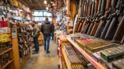 Customers browse through a variety of firearms and ammunition in a sporting goods shop.