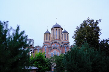 Obraz premium Under construction Church has domes and arched windows; trees frame building.