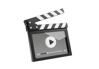 A 3d render of a movie clapperboard with a play button icon on the screen, isolated on transparent background