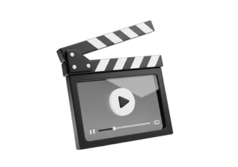A 3d render of a movie clapperboard with a play button icon on the screen, isolated on transparent background